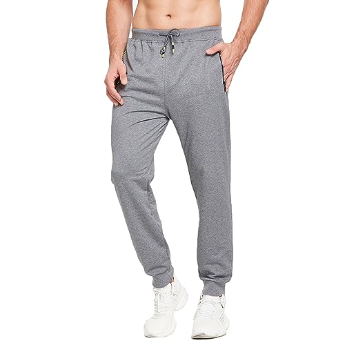 JustSun Jogginghose Herren Baumwolle Sporthose Trainingshose Herren Lang Fitness Hosen Männer Sweathose Sweatpants Herren mit Reissverschluss Taschen Grau XL von JustSun