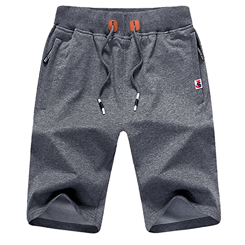 JustSun Kurze Hosen Herren Shorts Herren Sommer Sporthose Jogginghose Kurz Baumwolle Sport Gym Sweat Fitness Shorts Hose Herren Reißverschluss Taschen Grau L von JustSun