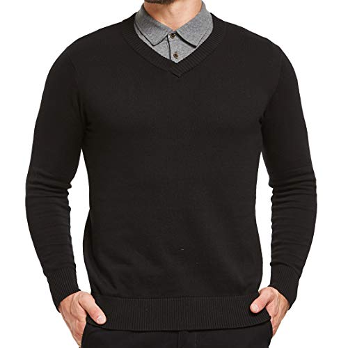 JustSun Herren Pullover Basic Strickpullover Herren Klassisch Langarm Männer Sweater mit V-Ausschnitt Schwarz L von JustSun
