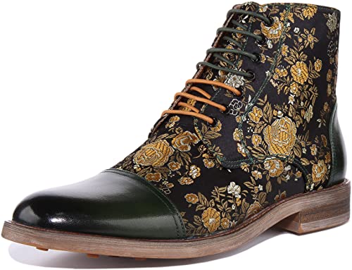 JUSTINREESS Adam Herren-Stiefelette mit Schnürung, florales Leder, Sohle in Holzoptik, Grün, Größe 42, grün, 42 1/3 EU von JUSTINREESS ENGLAND