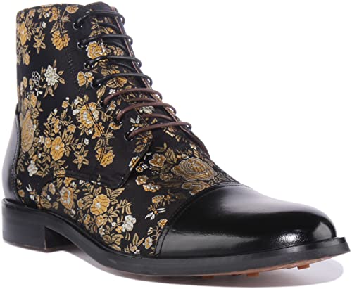 JUSTINREESS England Adam Herren Schnürstiefelette aus Leder mit Blumenmuster, Schwarz , 44 EU von JUSTINREESS ENGLAND