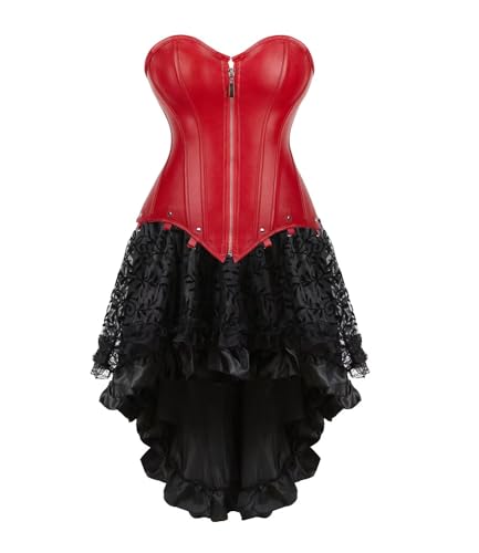 Jutrisujo Korsett Damen Kleid Leder Corsage Top Leather Corset Dress Corsagenkleid Oberteil Reißverschluss Halloween Piraten Rot 7XL von Jutrisujo