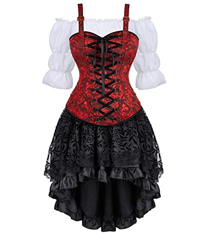 Jutrisujo Korsett Kleid Damen Rock 3 Set Steampunk Corsage mit Strapsen Spitze Corset Dress Bustier Damen Korsagenkleid Kostüm Pirat Halloween Rot 6XL von Jutrisujo