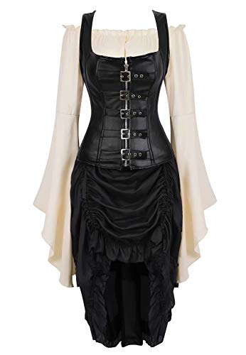 Jutrisujo Steampunk korsett Leder Corsage Kostüm Corsagenkleid 3-teilig Spitzenrock und Bluse für Halloween Schwarz 3XL von Jutrisujo