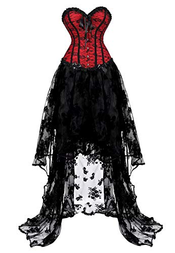 Jutrisujo vollbrust kleid corsage bustier korsett kleider spitze lang asymmetrisch rock tüllrock halloween Rot Schwarz XL von Jutrisujo