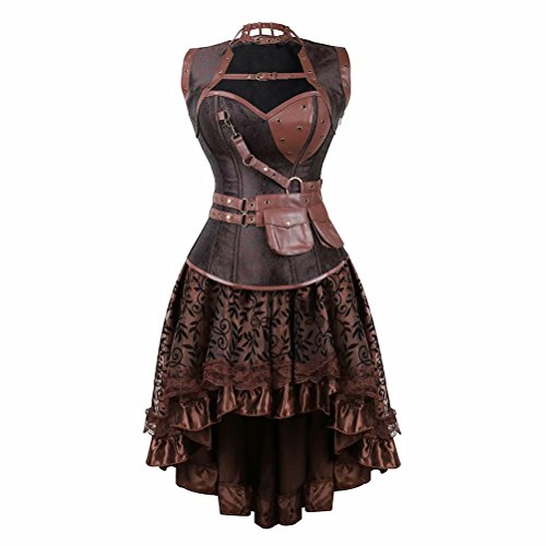 Korsett Damen Corsagenkleid Steampunk Leder Gothic Bustier Vollbrust Corsage Kleid Rock Asymmetrie Piraten Braun XL von Jutrisujo