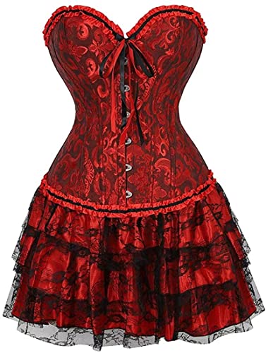 Jutrisujo Weihnachten Korsett Corsage Damen Kleid Rock Corset Dress Elegant Kostüm mit Corsagenkleid Spitzenrock Karneval Mittelalter Rot M von Jutrisujo