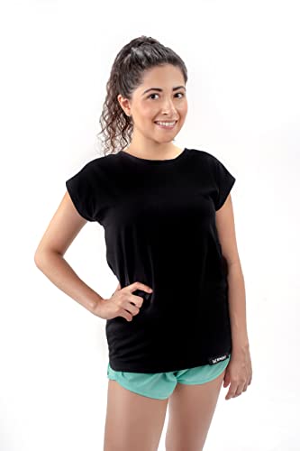 K-BRIGHT Damen T-Shirt Kurzarm Basic Nachhaltig Bio Baumwolle Freizeit T-Shirt Essential Shirt Gym Fledermaus Loose Vegan GOTS (Schwarz) (S) von K-BRIGHT