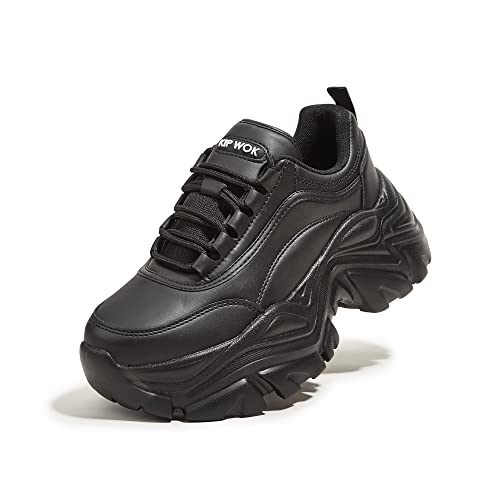 K KIP WOK Chunky Sneakers für Damen, modisch, Plateau, weißes Leder, lässiger Vater, bequeme Keilabsatz, Walking, Sport, Schwarz, 37 EU K KIP WOK Chunky Sneakers für Damen, modisch, Plateau, weißes Leder, lässiger Vater, bequeme Keilabsatz, Walking, Sport, Schwarz, 37 EU von K KIP WOK