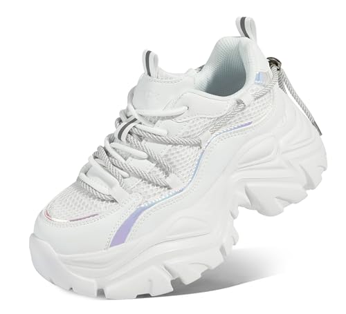 K KIP WOK Chunky Sneakers für Damen, modisch, Plateau, weißes Leder, lässiger Vater, bequeme Keilabsatz, Walking, Sport, Sneaker, Weißes Netz, 37 EU von K KIP WOK