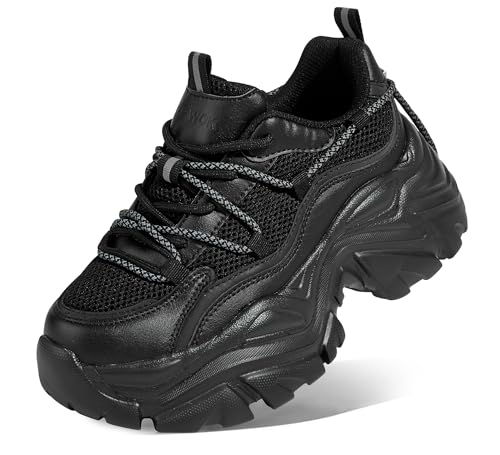 K KIP WOK Chunky Sneakers für Damen, modisch, Plateau, weißes Leder, lässiger Vater, bequeme Keilabsatz, Walking, Sport, Sneaker, schwarz (netzstoff), 42 EU von K KIP WOK