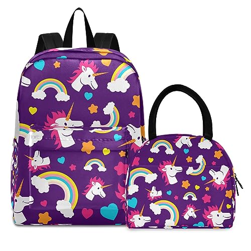 Blaues Schönes Einhorn Büchertasche Lunchpaket Set Schulter Rucksacks Bookbag Kinderrucksack Isolierte Lunchbox-Tasche für Mädchen Jungs von KAAVIYO