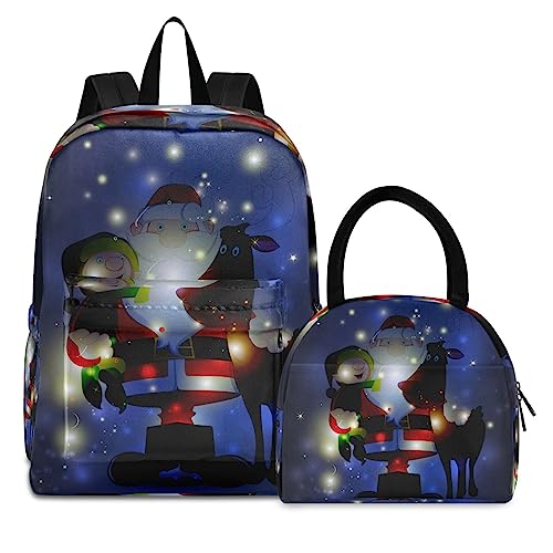 Blaues Weihnachtsmann Geschenk Büchertasche Lunchpaket Set Schulter Rucksacks Bookbag Kinderrucksack Isolierte Lunchbox-Tasche für Mädchen Jungs von KAAVIYO