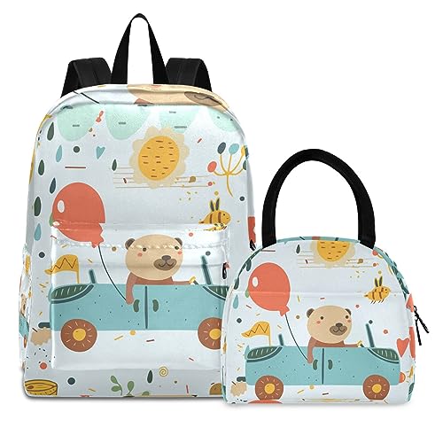 Cartoon-Bärenautoballon Büchertasche Lunchpaket Set Schulter Rucksacks Bookbag Kinderrucksack Isolierte Lunchbox-Tasche für Mädchen Jungs von KAAVIYO