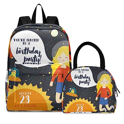 Cartoon Schönheit Weltraumstern Büchertasche Lunchpaket Set Schulter Rucksacks Bookbag Kinderrucksack Isolierte Lunchbox-Tasche für Mädchen Jungs von KAAVIYO