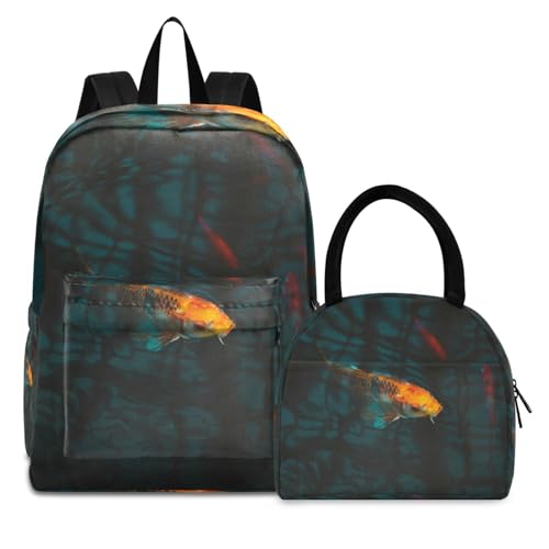 Goldener Fisch Dunkles Meer Büchertasche Lunchpaket Set Schulter Rucksacks Bookbag Kinderrucksack Isolierte Lunchbox-Tasche für Mädchen Jungs von KAAVIYO