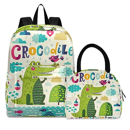 Grüner Krokodilwasserfisch Büchertasche Lunchpaket Set Schulter Rucksacks Bookbag Kinderrucksack Isolierte Lunchbox-Tasche für Mädchen Jungs von KAAVIYO