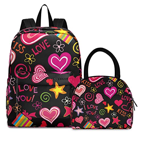 Bunte Herzkunst Büchertasche Lunchpaket Set Schulter Rucksacks Bookbag Kinderrucksack Isolierte Lunchbox-Tasche für Mädchen Jungs von KAAVIYO