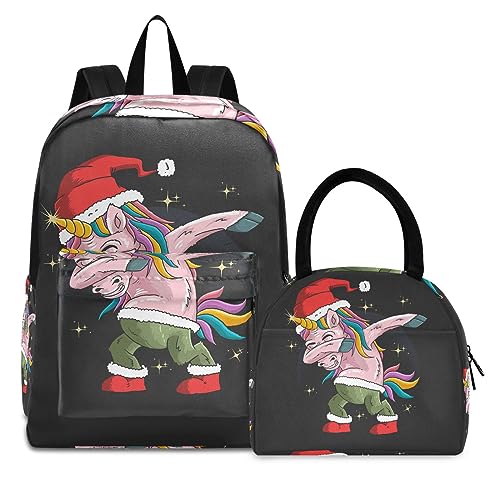 KAAVIYO Einhorn Rosa Farbe Weihnachtsmann Büchertasche Lunchpaket Set Schulter Rucksacks Bookbag Kinderrucksack Isolierte Lunchbox-Tasche für Mädchen Jungs von KAAVIYO