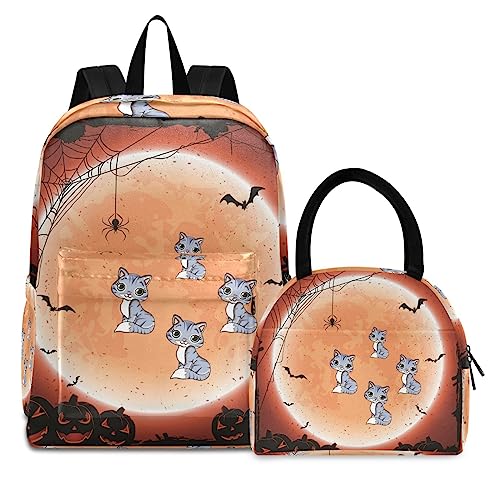 KAAVIYO Kätzchen Süßer Mond Büchertasche Lunchpaket Set Schulter Rucksacks Bookbag Kinderrucksack Isolierte Lunchbox-Tasche für Mädchen Jungs von KAAVIYO