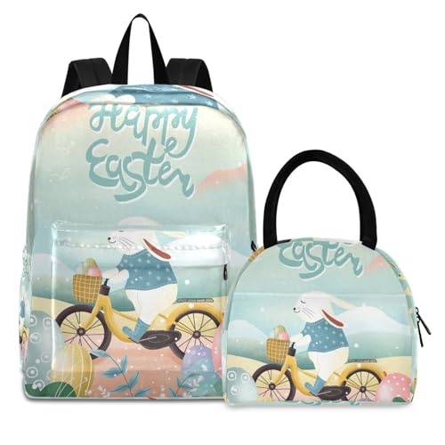 Kaninchen Lustiges Fahrrad Büchertasche Lunchpaket Set Schulter Rucksacks Bookbag Kinderrucksack Isolierte Lunchbox-Tasche für Mädchen Jungs von KAAVIYO