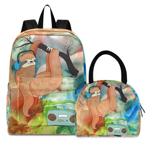 Kunst Cooler Bradypod Büchertasche Lunchpaket Set Schulter Rucksacks Bookbag Kinderrucksack Isolierte Lunchbox-Tasche für Mädchen Jungs von KAAVIYO