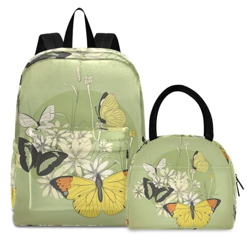 Kunst Grüner Schmetterling Büchertasche Lunchpaket Set Schulter Rucksacks Bookbag Kinderrucksack Isolierte Lunchbox-Tasche für Mädchen Jungs von KAAVIYO