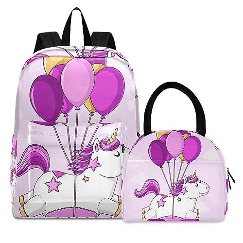 Laufender Rosa Einhornballon Büchertasche Lunchpaket Set Schulter Rucksacks Bookbag Kinderrucksack Isolierte Lunchbox-Tasche für Mädchen Jungs von KAAVIYO