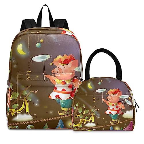 Lustiges Süßes Schwein Büchertasche Lunchpaket Set Schulter Rucksacks Bookbag Kinderrucksack Isolierte Lunchbox-Tasche für Mädchen Jungs von KAAVIYO