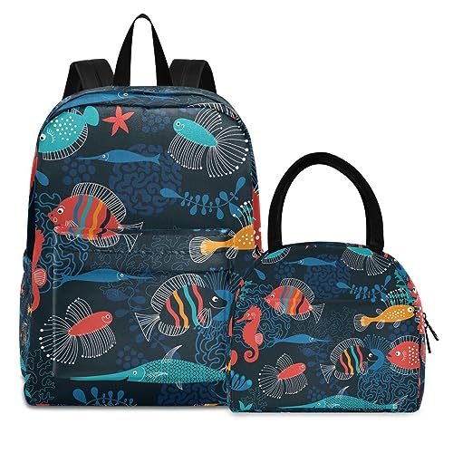 Meerestier Fisch Büchertasche Lunchpaket Set Schulter Rucksacks Bookbag Kinderrucksack Isolierte Lunchbox-Tasche für Mädchen Jungs von KAAVIYO