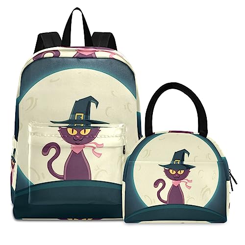 KAAVIYO Mondnachtkatze Büchertasche Lunchpaket Set Schulter Rucksacks Bookbag Kinderrucksack Isolierte Lunchbox-Tasche für Mädchen Jungs von KAAVIYO