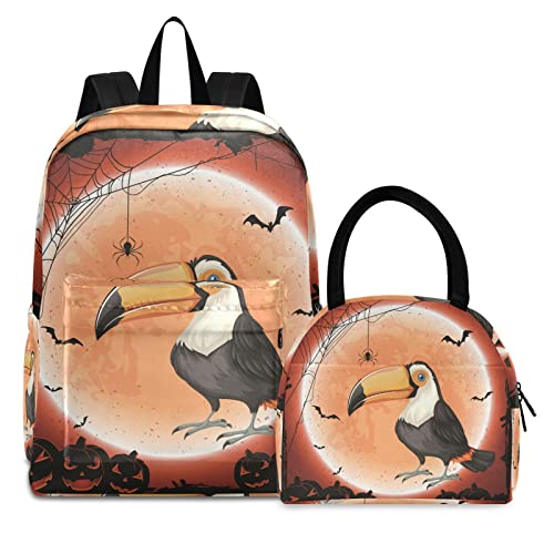 Papagei Vogel Halloween Büchertasche Lunchpaket Set Schulter Rucksacks Bookbag Kinderrucksack Isolierte Lunchbox-Tasche für Mädchen Jungs von KAAVIYO