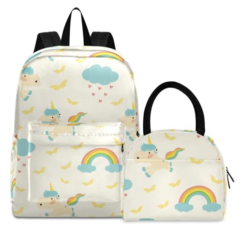 Regenbogen-Einhorn-Kunst Büchertasche Lunchpaket Set Schulter Rucksacks Bookbag Kinderrucksack Isolierte Lunchbox-Tasche für Mädchen Jungs von KAAVIYO