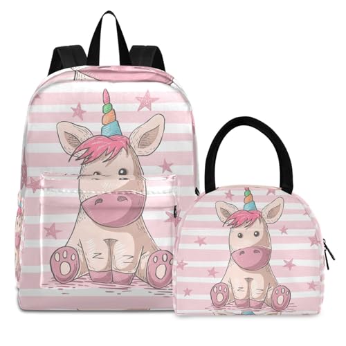 Rosa Milchkuh-Regenbogen-Einhorn Büchertasche Lunchpaket Set Schulter Rucksacks Bookbag Kinderrucksack Isolierte Lunchbox-Tasche für Mädchen Jungs von KAAVIYO