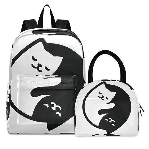 Schwarz Weiß Liebe Katze Kätzchen Büchertasche Lunchpaket Set Schulter Rucksacks Bookbag Kinderrucksack Isolierte Lunchbox-Tasche für Mädchen Jungs von KAAVIYO