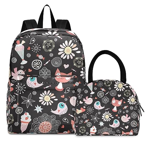 Schwarze Vogelkatze Büchertasche Lunchpaket Set Schulter Rucksacks Bookbag Kinderrucksack Isolierte Lunchbox-Tasche für Mädchen Jungs von KAAVIYO