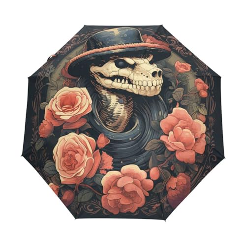 Schwarzer Totenkopf Schlange Rosa Rose Regenschirm Auf-Zu Automatik Taschenschirm Winddichter Umbrella Klein Leicht Schirm Kompakt Schirme für Jungen Mädchen Reise Strand Frauen von KAAVIYO