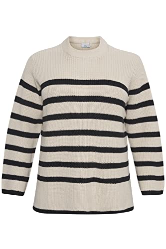 KAFFE CURVE Strickpullover KCmilla Damen Strickpullover Damen Große Größen Pullver Streifen Langarm Sand Dollar/Black Stripe XL von KAFFE CURVE