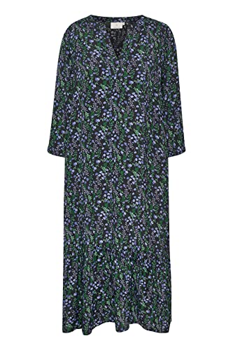 KAFFE Damen Print Dress 3/4 Arm Below The Knee Lässiges Kleid, Schwarz/Blau/Grün. Kleine Blume, 34 von KAFFE