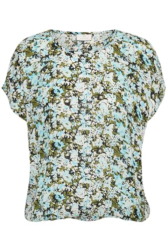 KAFFE KAamber SL Printed Damen Bluse Kurzarm Print Shirt Rundhals Locker Oberteile Fledermaus Blue/Green Abstract Flower 42 von KAFFE