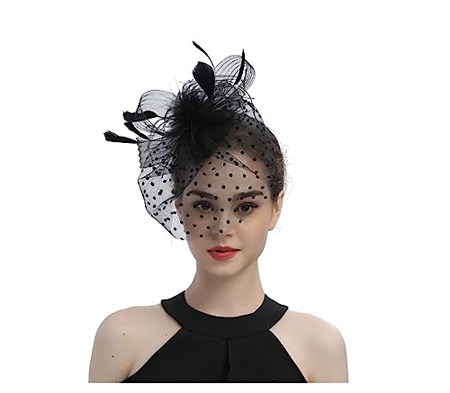 Fascinator Hut,Vintage Schleier Mesh Stirnband Frauen Schwarz Untertasse Sinamay Stirnband Kirche Haarschmuck Hochzeit Ascot Hut Hatinator Vogelkäfig Schleier Feder Mesh Gesicht für Tea Party von KAIAIWLUO