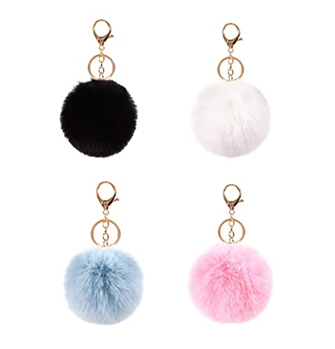 Pom Pom Schlüsselanhänger,4 STÜCKE Plüsch-Schlüsselanhänger Keychain Flauschigen Kunstpelz Ball Schlüsselringe für Mädchen Damen Tasche Zubehör von KAIAIWLUO