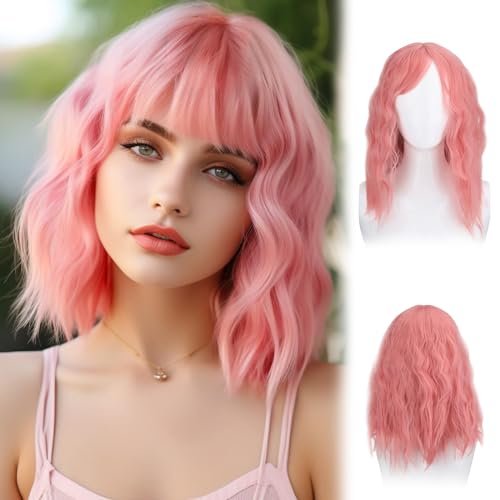 14 Zoll Rosa Kurze Gewellte Bob Perücke mit Pony, Perücke lockige gewellte schulterlange, Perücke Schulterlang Synthetische, Natürlich Bob Perücke für Mädchen Alltag Party Cosplay von KAIOWPEIC