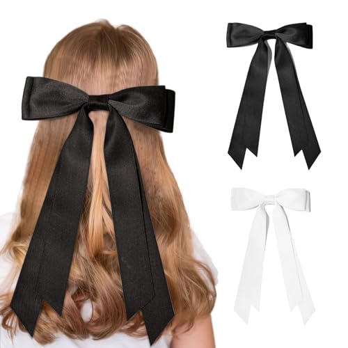 2 Stück Haarschleife Damen, Haarschleife mit Bänder Haarspange, Seidige Satin-Bogen Haarspangen Mädchen, Französische Doppelter Hair Bow für Frauen und Mädchen Hair Accessories(Schwarz, Weiß) von KAIOWPEIC