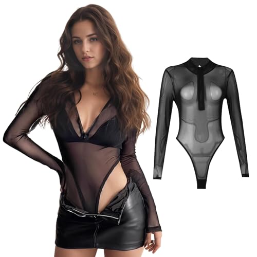 KAIOWPEIC Durchsichtiges Oberteil Damen Langarm Rollkragen Durchsichtige T-Shirt Mesh Oberteil Damen Sexy Bodysuit,Netzoberteil Damen Sheer Mesh Tops Transparente Bluse Schwarz(L,Stil 1) von KAIOWPEIC