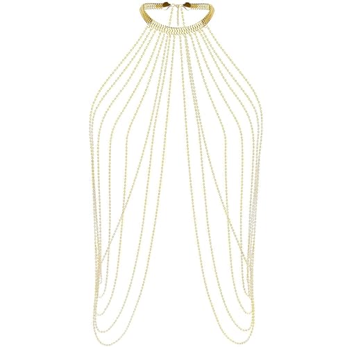 Körperketten für Frauen, Geschichtete Quaste Körperkette Gold, Legierungen Geschichtete Quaste Körperkette, Bikini Body Chain Gold, Sexy Mehrschichtig Lange Brustkette für Goldkette Fasching Party von KAIOWPEIC