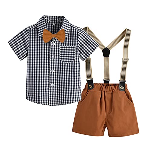 KAIXLIONLY 2-teiliges Baby Kinder Jungen Sommerkleidung Button Kurzarmshirt mit Fliege und Shorts mit Träger Kleinkind Gentleman Outfits für Festliche Kinder Jungen Sommer Casual Tops Shorts Set von KAIXLIONLY