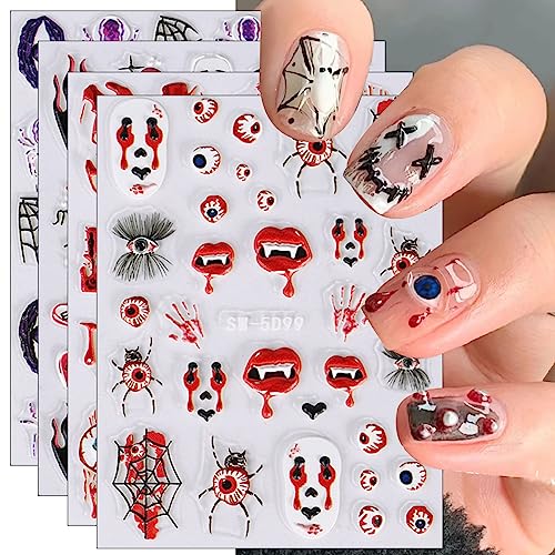 3D Nagelsticker Halloween, 4 Blatt 5D Auge Spinnennetz Selbstklebend Nagelaufkleber Stereoskopisch Nail Art Sticker Dekoration Nageldesign Zubehör von KALEFUL