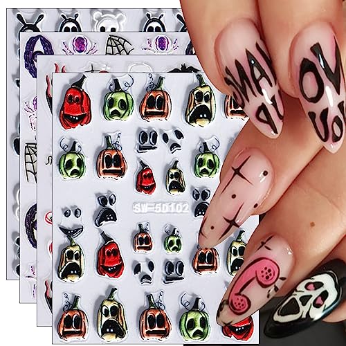 3D Nagelsticker Halloween, 4 Blatt 5D Buntes Kürbis Selbstklebend Nagelaufkleber Stereoskopisch Nail Art Sticker Dekoration Nageldesign Zubehör von KALEFUL