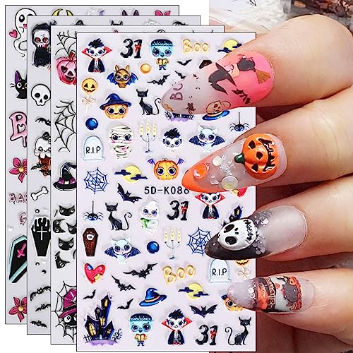 3D Nagelsticker Halloween, 4 Blatt 5D Fledermaus Kürbis Selbstklebend Nagelaufkleber Stereoskopisch Nail Art Sticker Dekoration Nageldesign Zubehör von KALEFUL